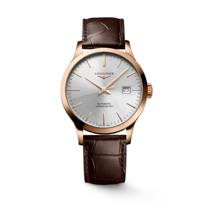 Longines Record Automatic Chronometer 38.5 mm Silver Dial 18K Rose Gold Blue Alligator Strap [L2.820.8.72.2]