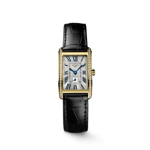 Longines DolceVita Quartz 20.5 × 32 mm Silver Flinqué Dial 18K Yellow Gold Diamond Bezel Black Alligator Strap [L5.255.7.71.0]