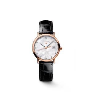 Longines Elegant Collection Automatic 27.20 mm White Mother-of-Pearl Diamond Dial 18K Rose Gold Case Black Alligator Strap [L4.378.8.87.4]