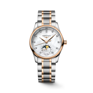 Longines Master Collection Moonphase Automatic 34 mm White Mother-of-Pearl Diamond Dial Stainless Steel & 18K Rose Gold Cap Bracelet [L2.409.5.89.7]