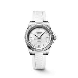 Longines Conquest Automatic 34 mm White Mother-of-Pearl Diamond Dial White Rubber Strap [L3.430.0.87.9]