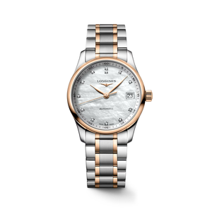 Longines Master Collection Automatic 34 mm White Mother-of-Pearl Diamond Dial Two-Tone Stainless Steel & 18K Rose Gold Cap Bracelet [L2.357.5.89.7]