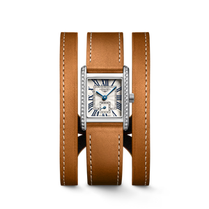 Longines Mini DolceVita Silver “Flinqué” Dial With Roman Numerals, Diamond Bezel Gold Leather Strap Quartz 21.50 x 29.00 mm [L5.200.0.71.0]
