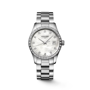 Longines Conquest Classic White Mother-of-Pearl Dial Diamond-Set Bezel Stainless Steel Bracelet Quartz 34 mm [L2.386.0.87.6]