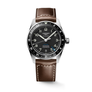 Longines Spirit Zulu Time Black Matt Dial With Black Ceramic Bezel Brown Leather Strap Automatic GMT 39 mm [L3.802.4.53.2]
