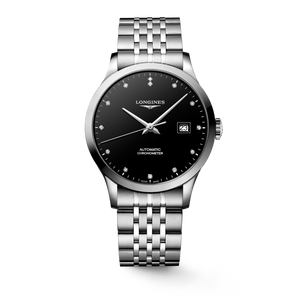 Longines Record Automatic Chronometer Black Lacquered Polished Dial with Diamond Markers Stainless Steel Bracelet 40 mm [L2.821.4.57.6]