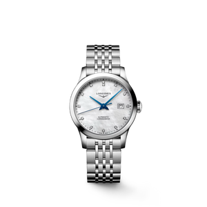 Longines Record Automatic 30 mm Stainless Steel White Mother-of-Pearl Diamond Dial Bracelet Watch [L2.321.4.87.6]