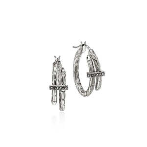 John Hardy Spear Hoop Earrings – Sterling Silver with Black Sapphire 22.5 mm [EBS986744BLS]