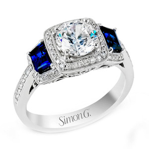 Simon G Three-Stone Halo Engagement Ring with Diamonds & Sapphires – 18K Gold [MR2247-A]