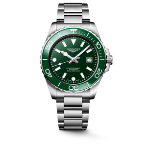 Front view of Longines HydroConquest 42 mm [L3.788.4.06.6] with green lacquered dial and matching ceramic bezel.
