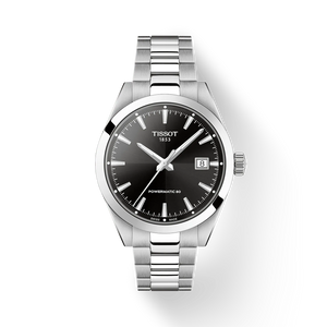 Tissot Gentleman 38 mm black dial automatic watch stainless steel bracelet front view
