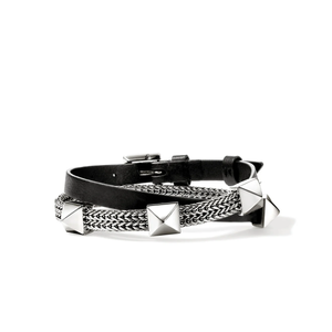 John Hardy Icon Stud Wrap Bracelet Sterling Silver & Black Leather 6MM [BU97211BL]