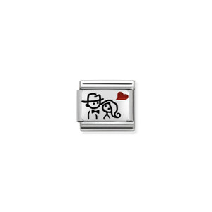 COMPOSABLE CLASSIC OXIDIZED PLATES IN STEEL, ENAMEL AND 925 STERLING SILVER COUPLE WITH HEART