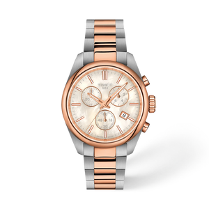 Tissot PR 100 Chronograph 38 mm White Mother-of-Pearl Dial Stainless Steel & Yellow Gold PVD Bracelet [T150.217.22.111.00]