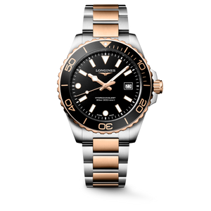 Longines HydroConquest L3.769.3.58.7 Swiss Made 42mm quartz dive watch with black sandblasted dial, black unidirectional rotating bezel, and stainless steel with red PVD-coated bracelet.