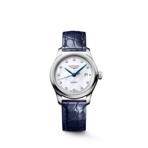 Longines Master Collection L2.449.4.87.2 30mm automatic watch with white mother-of-pearl dial, diamond hour markers and blue alligator leather strap.