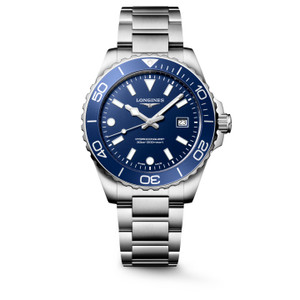 Longines HydroConquest L3.769.4.96.6 42mm quartz dive watch with blue sandblasted dial, blue rotating bezel and stainless steel bracelet.