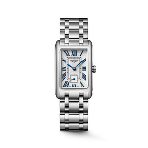 Longines DolceVita L5.512.4.70.6 Swiss Made quartz watch with silver flinqué dial, Roman numerals, blued steel hands, rectangular stainless steel case, and stainless steel bracelet.