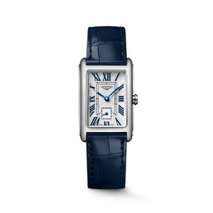 Longines DolceVita L5.512.4.70.2 Swiss Made quartz watch with silver flinqué dial, applied Roman numerals, blued steel hands, rectangular stainless steel case, and midnight blue alligator leather strap.