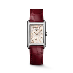 Longines DolceVita L5.512.4.28.2 Swiss Made quartz watch with pink ivory flinqué dial, rose-gold-coloured Roman numerals, rectangular stainless steel case, and maple red alligator leather strap.