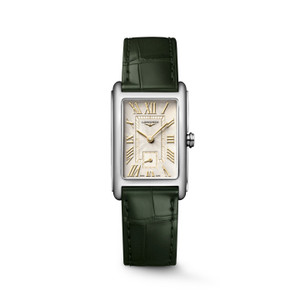 Longines DolceVita L5.512.4.08.2 Swiss Made quartz watch with an ivory gilt flinqué dial, applied Roman numerals, gilt hands, rectangular stainless steel case, and olive green alligator leather strap.