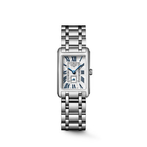 Longines DolceVita L5.255.4.70.6 Swiss Made quartz watch with a silver flinqué dial, painted Roman numerals, blued steel hands, rectangular stainless steel case, and stainless steel bracelet.