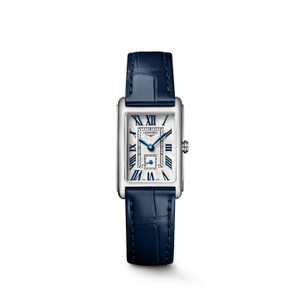 Longines DolceVita L5.255.4.70.2 Swiss Made quartz watch with a silver flinqué dial, painted Roman numerals, blued steel hands, rectangular stainless steel case, and midnight blue alligator leather strap.