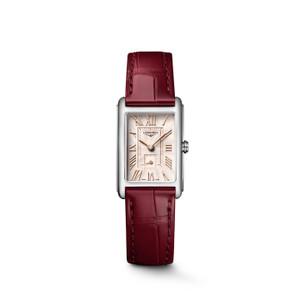 Longines DolceVita L5.255.4.28.2 Swiss Made quartz watch with an ivory rose flinqué dial, painted Roman numerals, blued steel hands, rectangular stainless steel case, and maple red alligator leather strap.