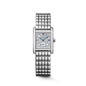 Longines Mini DolceVita L5.200.4.87.6 Swiss Made quartz watch featuring a snow-set white mother-of-pearl dial with diamonds, rectangular stainless steel case, and stainless steel bracelet.