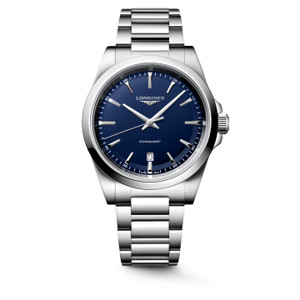 Longines Conquest L3.860.4.92.6 Swiss Made 41 mm quartz watch with a blue sandblasted dial, stainless steel case, and stainless steel bracelet.