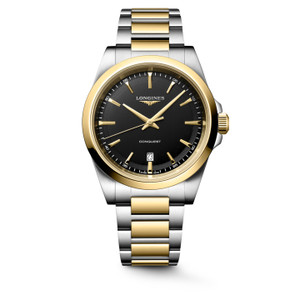 Longines Conquest L3.860.3.52.7 Swiss Made 41 mm quartz watch with a black sandblasted dial, stainless steel and yellow PVD-coated case, and matching stainless steel and yellow PVD bracelet.