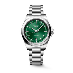 Longines Conquest L3.750.4.09.6 Swiss Made 38 mm quartz watch with a sunray green dial, stainless steel case, and stainless steel bracelet.