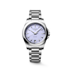 Longines Conquest L3.460.4.02.6 Swiss Made 34 mm quartz watch with a lavender mauve sandblasted dial, stainless steel case, and stainless steel bracelet.