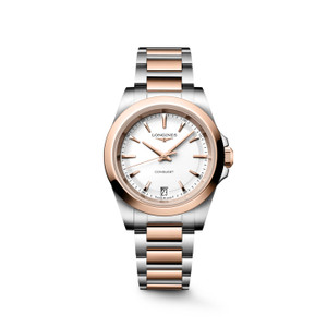 Longines Conquest L3.460.3.18.7 Swiss Made 34 mm quartz watch with a white sandblasted dial, stainless steel case with rose gold PVD bezel, and stainless steel bracelet with rose gold PVD centre links.