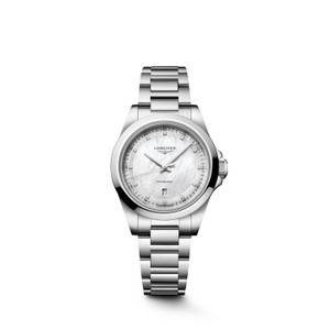 Longines Conquest L3.350.4.87.6 Swiss Made 30 mm quartz watch with a white mother-of-pearl dial, stainless steel case, and stainless steel bracelet.