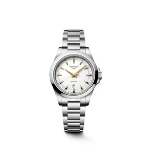 Longines Conquest L3.350.4.12.6 Swiss Made 30 mm quartz watch with a white sandblasted dial, stainless steel case, and stainless steel bracelet.