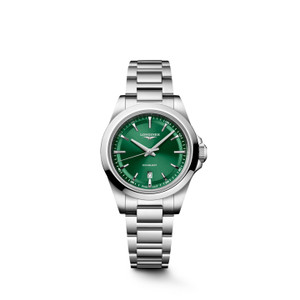 Longines Conquest L3.350.4.09.6 Swiss Made 30 mm quartz watch with a sunray green dial, stainless steel case, and stainless steel bracelet.