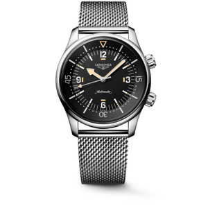 Longines Legend Diver L3.795.4.59.9 Swiss Made 42 mm automatic dive watch with a black grained dial, internal rotating bezel, stainless steel case, and stainless steel bracelet.