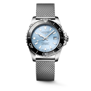 Longines HydroConquest L3.779.4.99.6 Swiss Made 39 mm automatic dive watch with a frosted blue sunray dial, blue ceramic bezel, stainless steel case, and stainless steel bracelet.