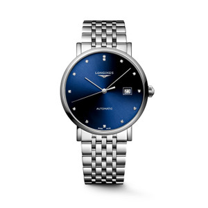 Longines Elegant Collection L4.910.4.99.6 Swiss Made 39 mm automatic watch with a sunray blue dial, stainless steel case, and stainless steel bracelet.