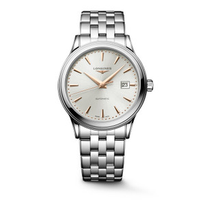 Longines Flagship Classic L4.984.4.70.6 Swiss Made 40 mm automatic watch with a sunray silver dial, stainless steel case, transparent sapphire case back, and stainless steel bracelet.