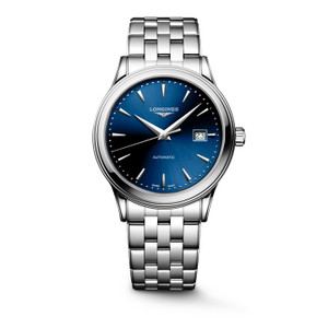 Longines Flagship Classic L4.984.4.98.6 Swiss Made 40 mm automatic watch with a sunray blue dial, stainless steel case, transparent sapphire case back, and stainless steel bracelet.