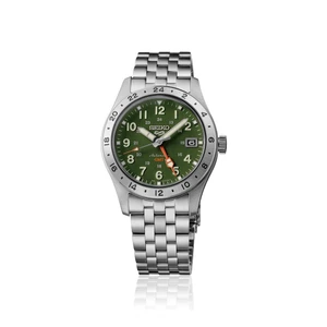 Seiko 5 Sports Field GMT HDB001 39.4mm automatic watch with green dial, 24-hour dual-time display, stainless steel case and stainless steel bracelet.