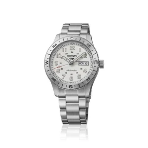 Seiko 5 Sports Field HDB007 41mm automatic watch with glossy silver-white dial, Arabic numerals, rotating compass bezel, stainless steel case and stainless steel bracelet.