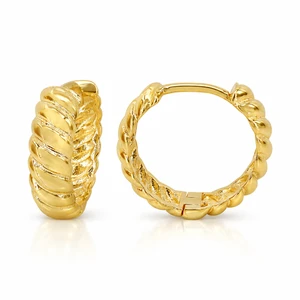 Italian 10K Yellow Gold Twisted Ridged Huggie Hoop Earrings 14 mm [E099B]