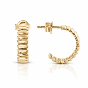 10K Yellow Gold Ribbed Post-Back Hoop Earrings 14.7 × 10.9 mm [TS43]
