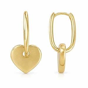 10K Yellow Gold Oval Paper Clip Hoop Earrings with Heart Charms 14.5 mm [TECA321-YG]
