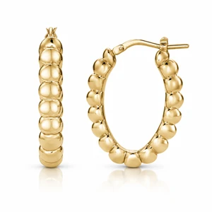 14K Yellow Gold Beaded Oval Hoop Earrings 25 × 20 mm [TTP34]