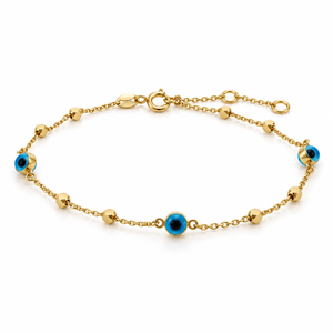 Italian 10K Yellow Gold Evil Eye & Cube Bead Bracelet 6.5–7.5″ [B057A]