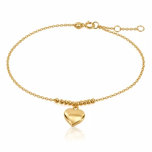 10K Yellow Gold Heart Charm and Diamond-Cut Bead Bracelet 9 × 9 mm [B028A]